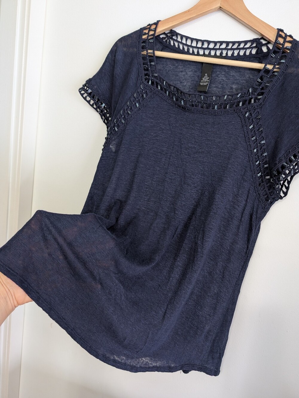 100% Linen Inc Large Top Navy Beads Short Sleeve Shirt Sheer Flowy Relaxed Fit